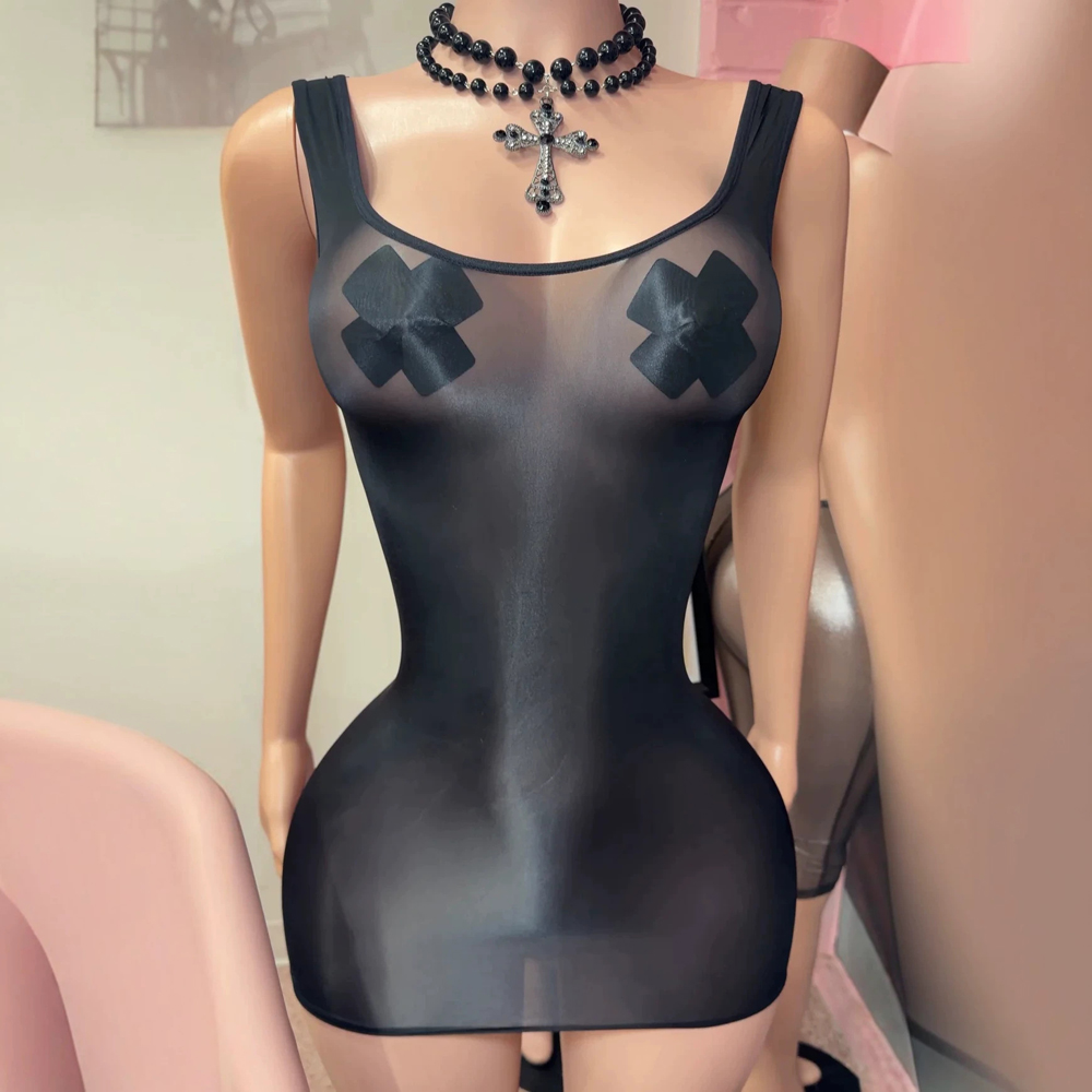 Sexy Mesh Sheer Bodycon Dress - JENYAGE Sexy Glossy Sheer Tank Mini