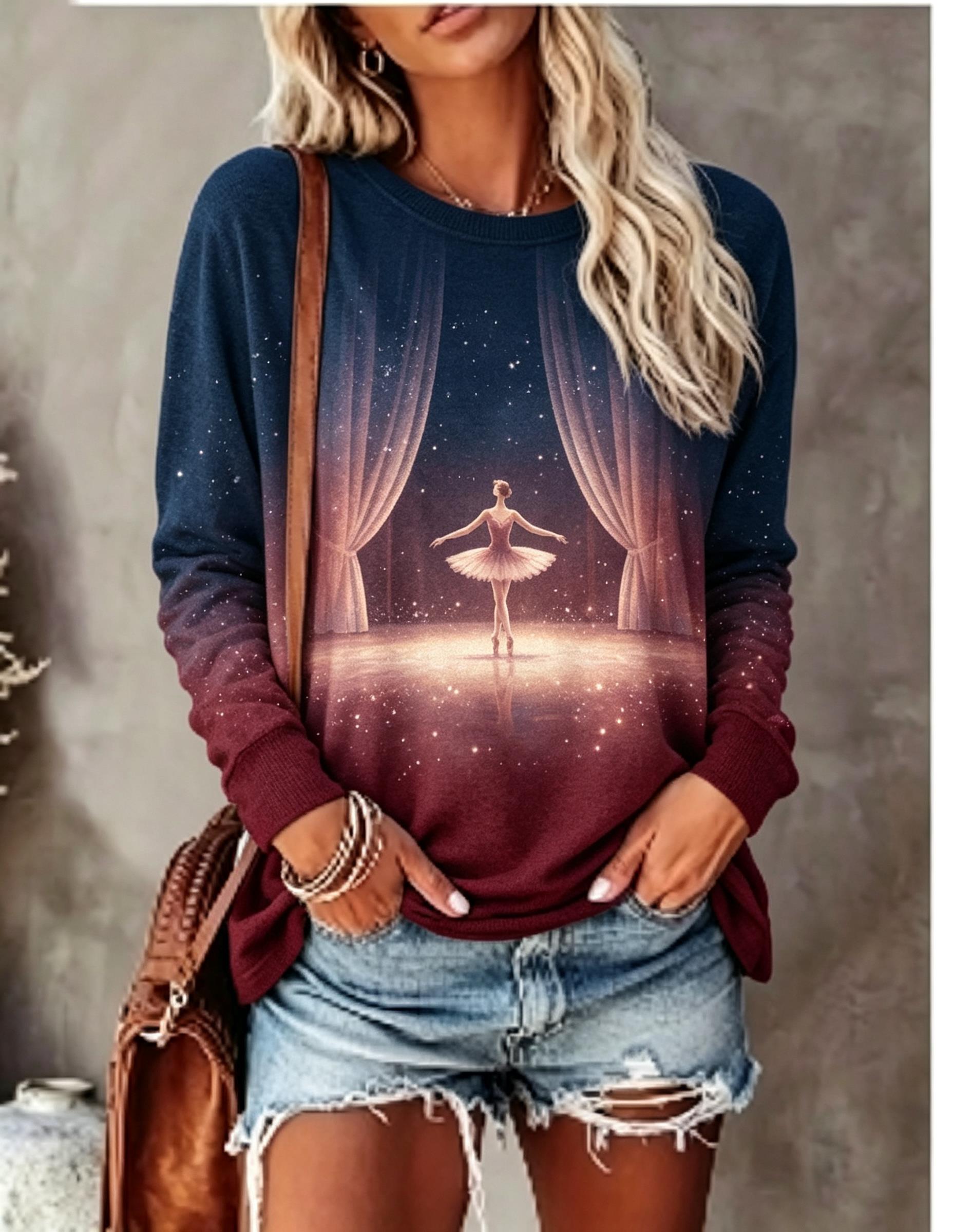 Blouses - Women Long Sleeve T‑Shirt Ballet Dancer