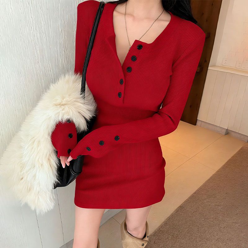 Y2k Women's Bodycon Knit Dress - Bodycon Long Sleeve Ribbed Dress recension och pris